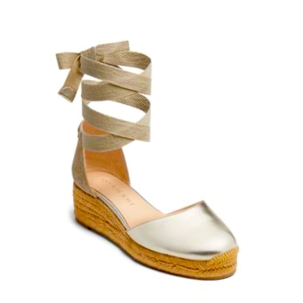 NWT Leather Jack Rogers Palmer Ankle Wrap Espadrille Wedge in Platinum/Champagne - Picture 3 of 10